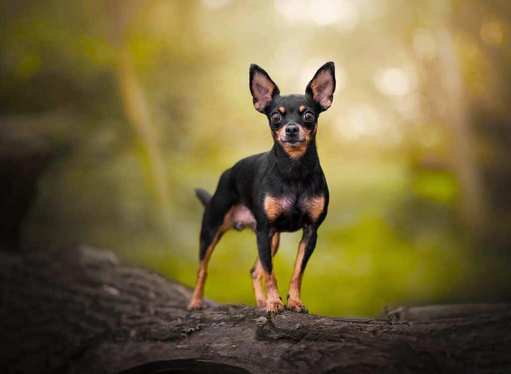 Chihuahua - un cane in piedi su un tronco nel bosco