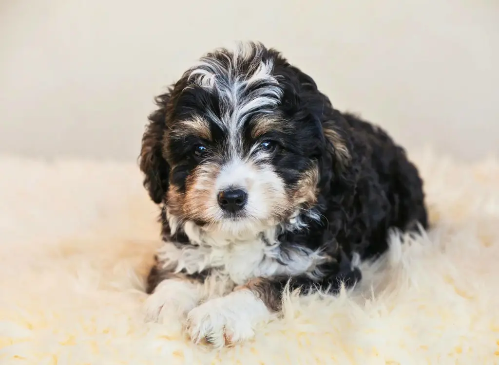 Cuccioli Bernedoodle - un piccolo cucciolo bianco e nero seduto su un soffice tappeto bianco