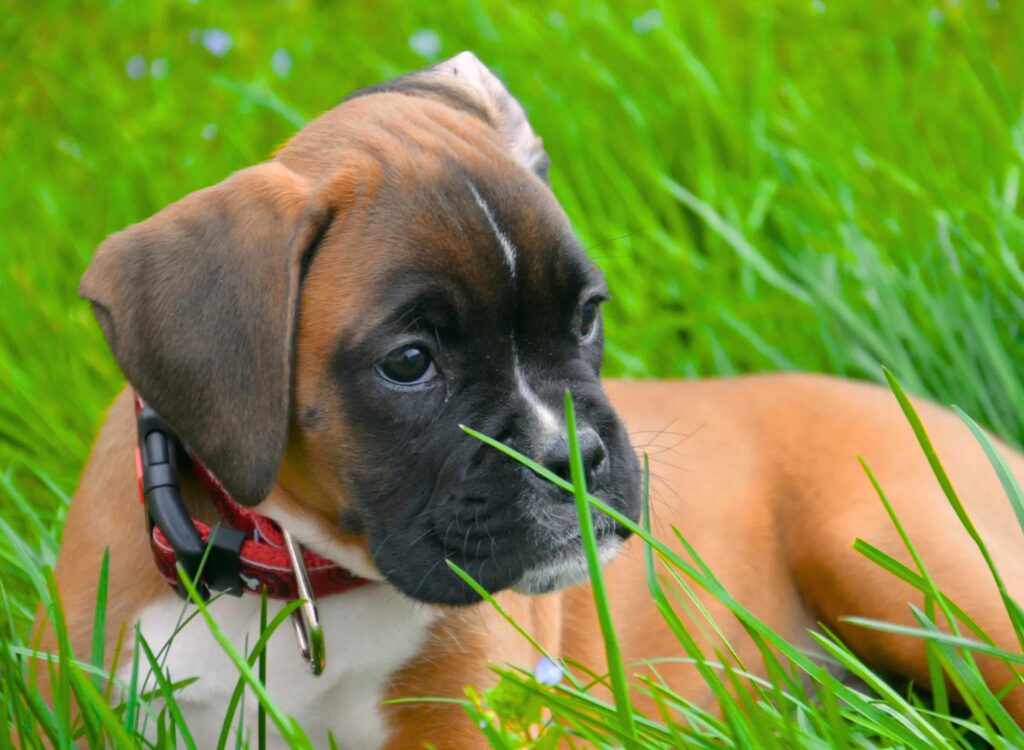 Cuccioli di Boxer - un cucciolo giace nell'erba