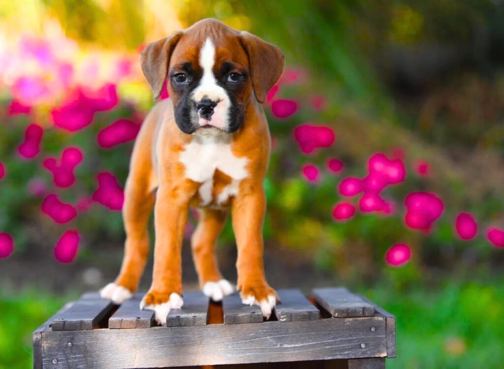 Cuccioli di Boxer - un cucciolo in piedi sopra una scatola di legno