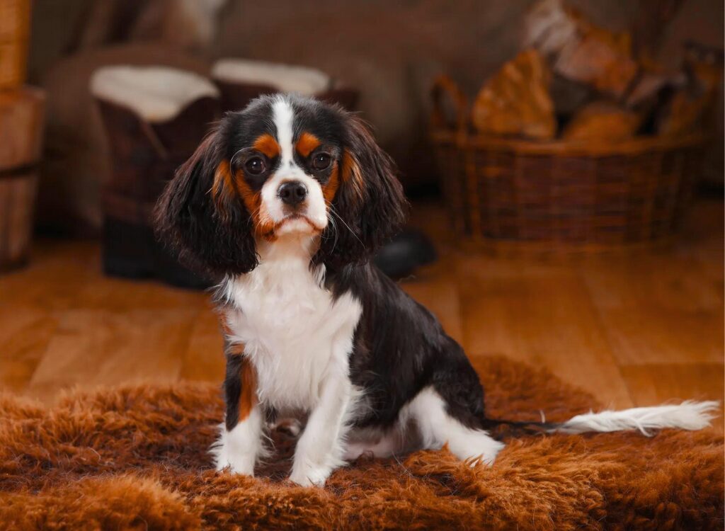 Cuccioli di Cavalier King Charles Spaniel - un cane seduto su un tappeto arruffato in un soggiorno