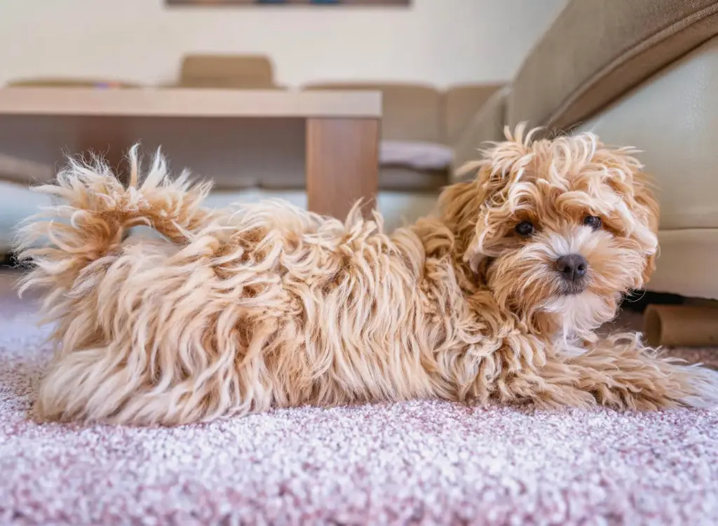 Cuccioli di Maltipoo - un cagnolino sdraiato sul pavimento