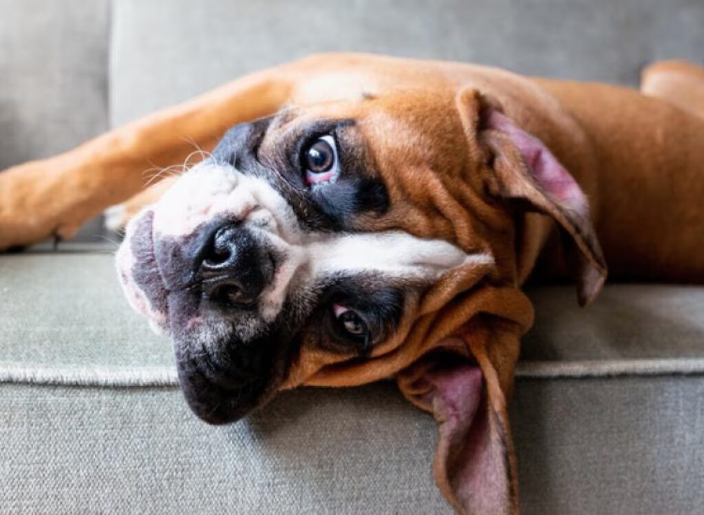 Starnuto Inverso nei Cani - un cane sdraiato su un divano con la testa sul divano