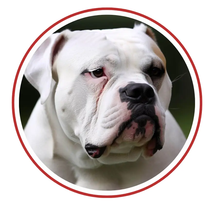 bulldog americano - una faccia di cane in un cerchio rosso su sfondo bianco